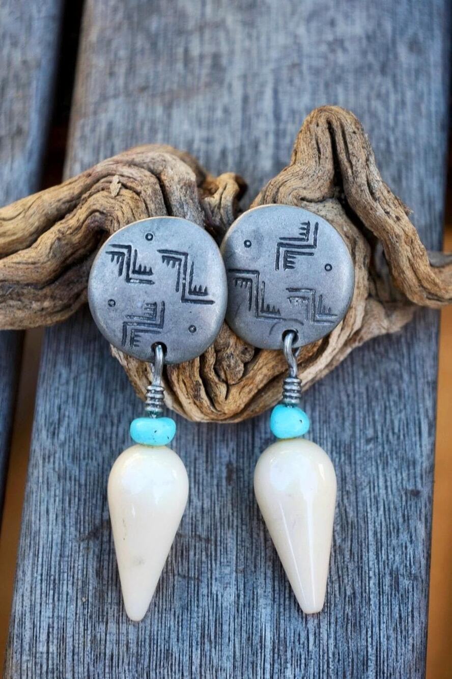 Ben-Amun Signed Etched Disc Clip-On Earrings Turquoise Bone Drop Dangle Vintage